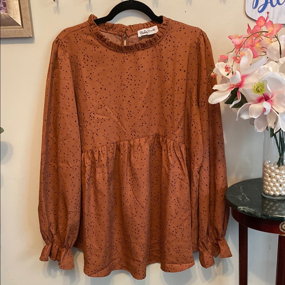NWOT Blushing Brunette Brown w/black dots Polyester Dress w/Ruffled Long Sleeves